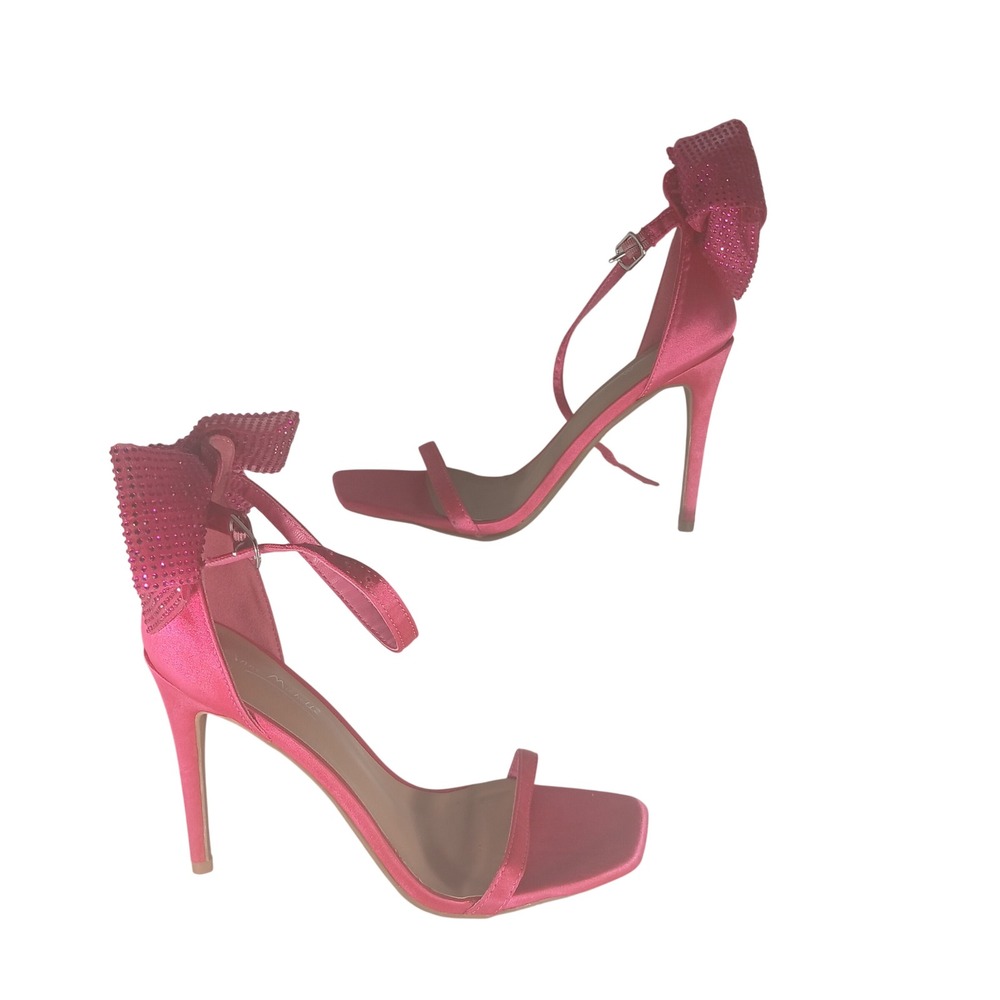 Anne Michelle Stiletto Sandals 8.5 Pink Rhinestone Bow Square Toe Barbiecore